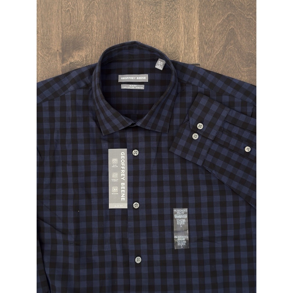 NWT Geoffrey Beene Mens Button Down Slim Fit Stretch Check 16-16.5 32/33 L Shirt